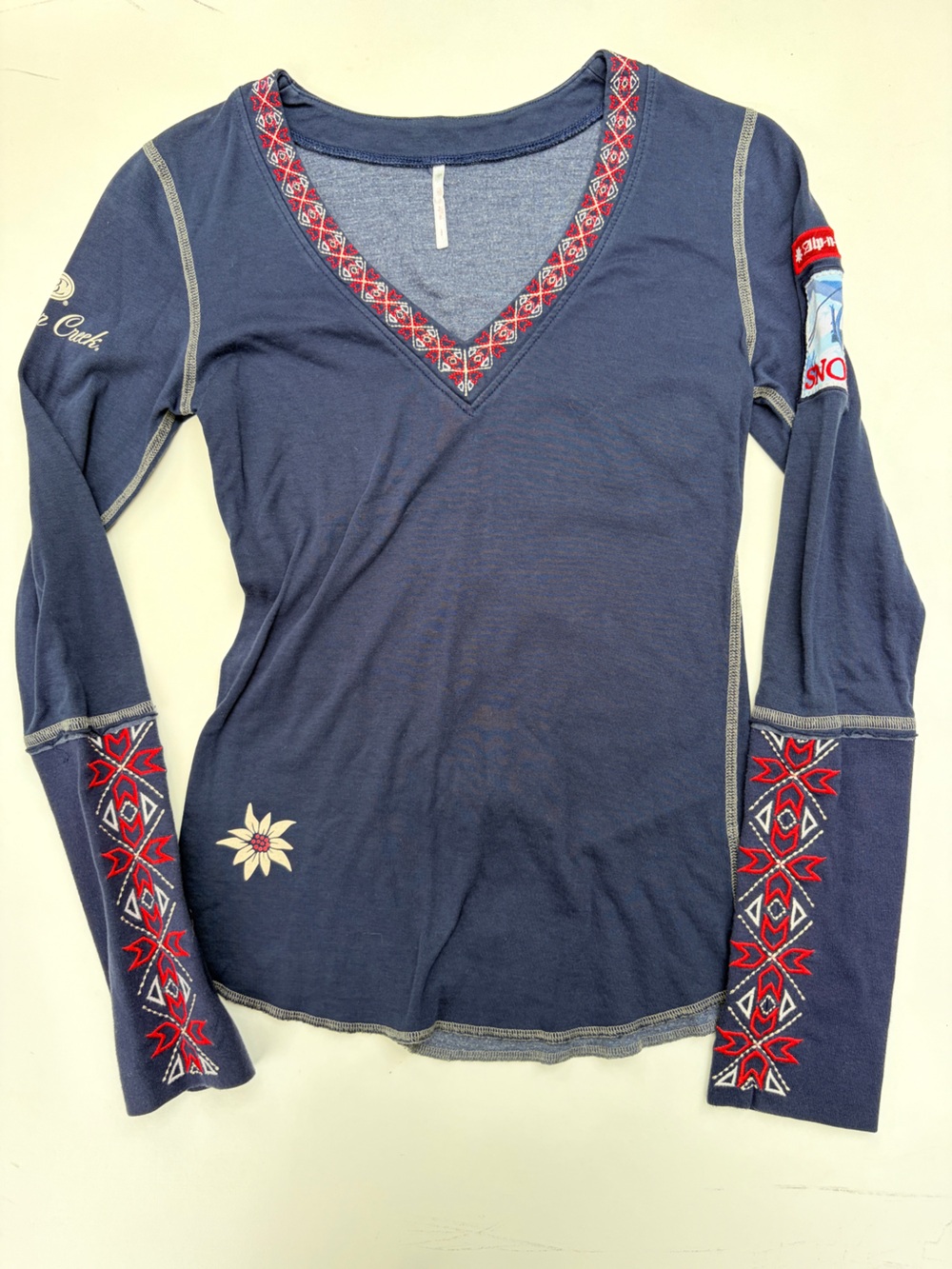 Alp N Rock Navy Long-Sleeve V-Neck Tee with Red Embroidered Accents